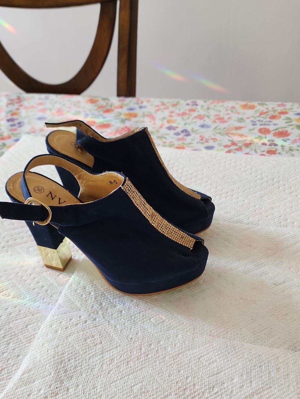 Navy Suede Peep-Toe Slingback Heels with Gold Accent